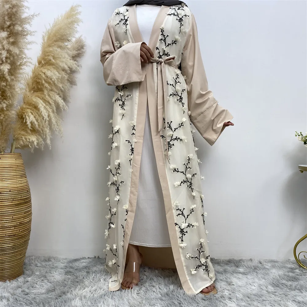 Flower Open Abaya Dubai Turkey Kaftan Women Muslim Embroidery Maxi Dress Eid Fashion Jalabiya Islamic Robe Ramadan Caftan Kimono