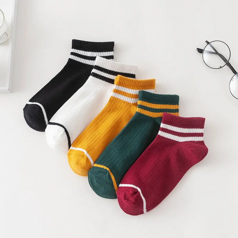 Female College Style Sports Socks Harajuku Style Women's Candy Colored Boat Socks Two Bar Short Socks, Trendy Sock,