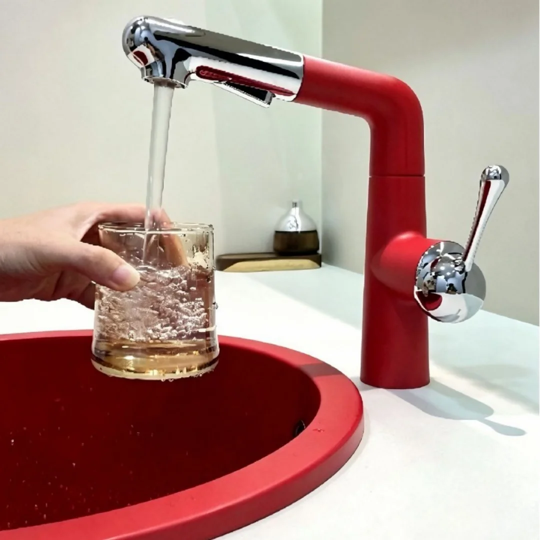 Pink Chrome Basin Faucet Red Brass Pull Out Bathroom Faucet Hot Cold Multi-functions Bathroom Decked Lavatory Faucet Sink Mixer