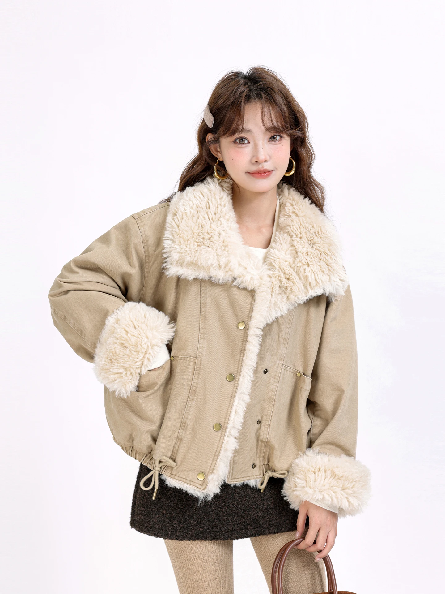 Korean Style Vintage Lamb Fur Lined Biker Style Denim Jacket Winter Warm New Advanced Cotton Coat Women's Short Outerwear
