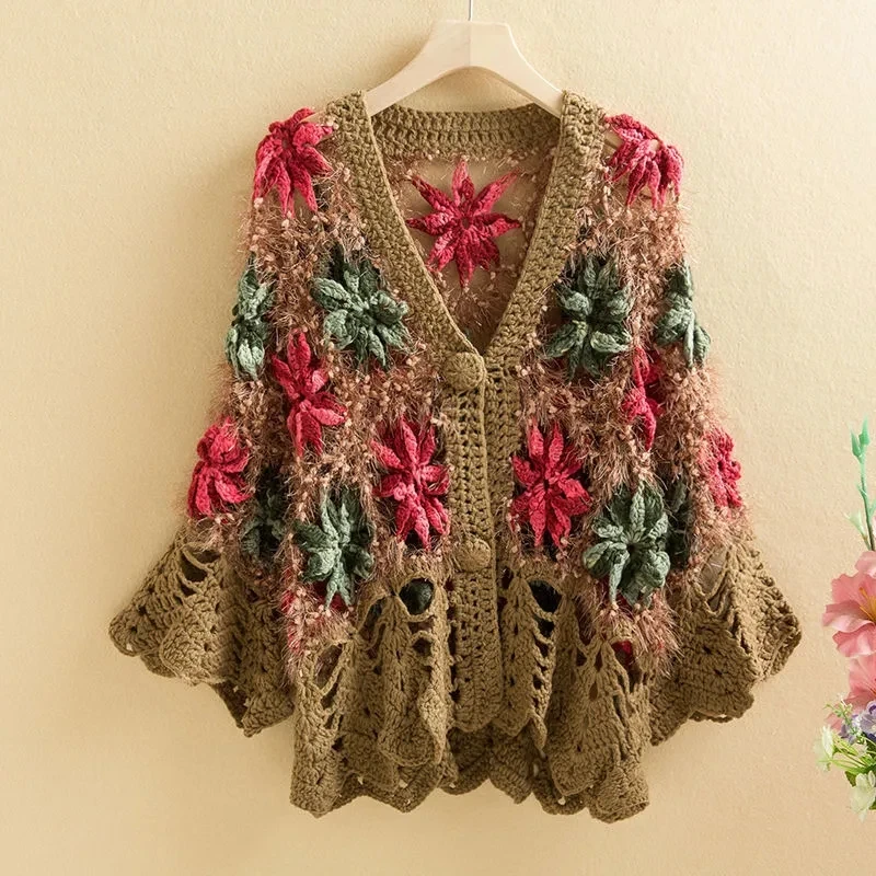 Three-Dimensional Flower Openwork Crocheted Sweater Cardigan Women\'s Spring And Autumn New Heavy Industry Joker Sweater 3XL Coat