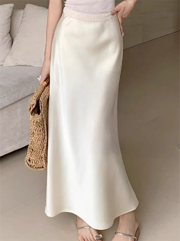 

Ele Satin Fi Tail Skirt High Waist A-Line Midi Skirt for Women Autumn High Faion Sense Body Contouring Skirts