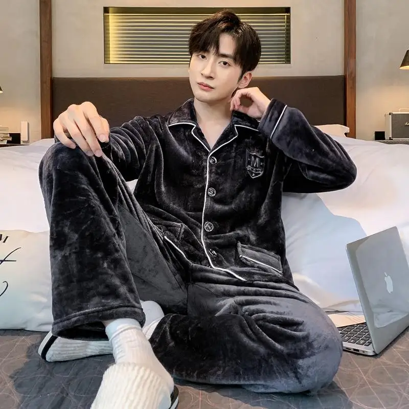 Autumn Winter Coral Fleece Men\'s Pajamas Set Thicken Flannel Warm Sleepwear OverSized Solid Cardigan Pajama Men Pyjamas HomeWear