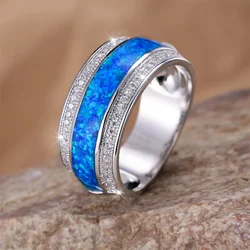 Stylish Blue Fire Opal Stone Rings For Women Classic Silver Color Wedding Band Engagement Jewelry Female Birthday Gifts