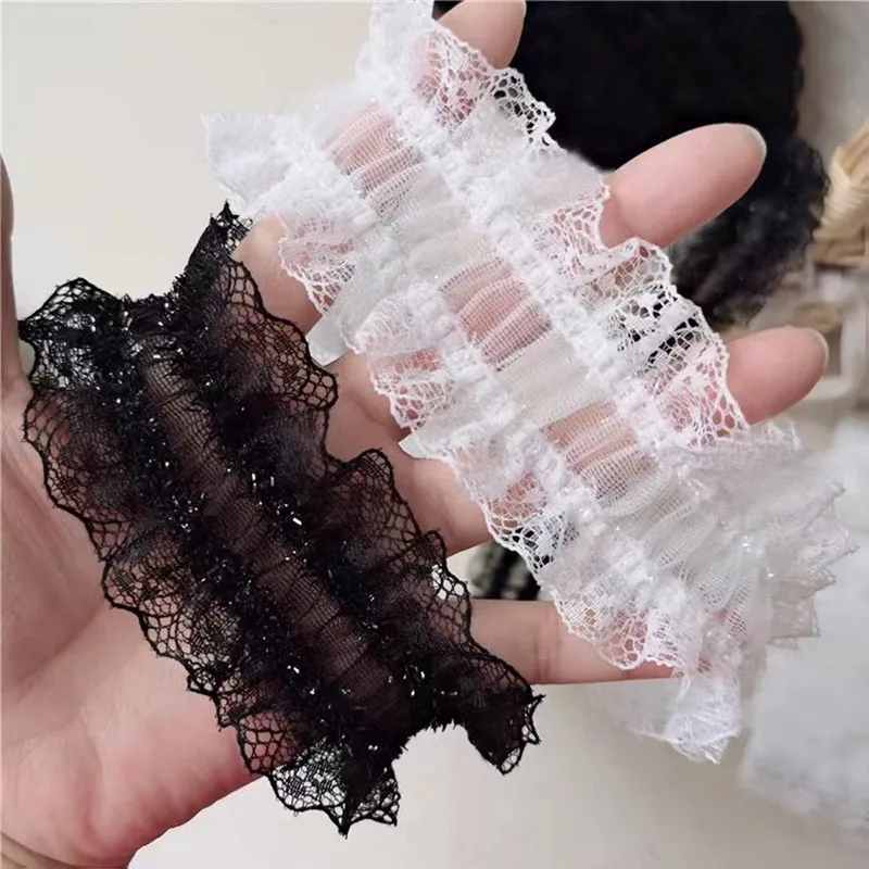 5CM Wide White Black Soft Tulle Fabric Stretch Lace Embroidered Ribbon Elastic Ruffle Trim Cuffs Neckline Sewing Appliques Decor