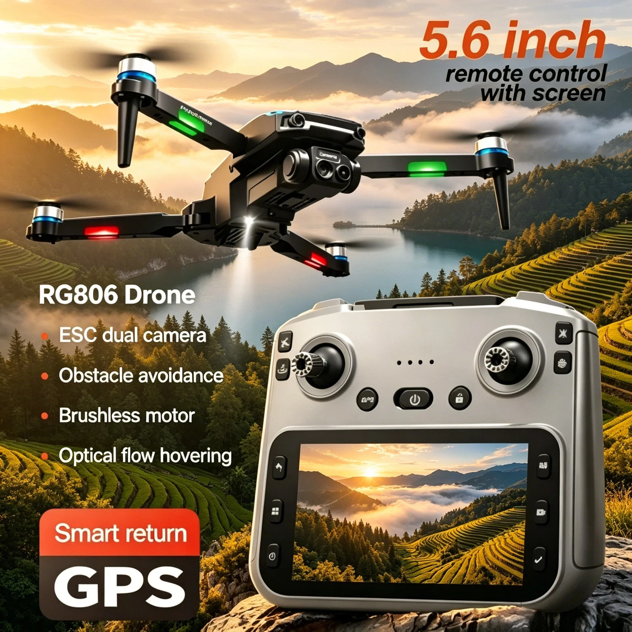 V918 Max RG806MAX 전문가용 카메라 드론 8K GPS 레이저 장애물 회피 FPV RC 쿼드콥터 LCD 화면 리모컨 포함