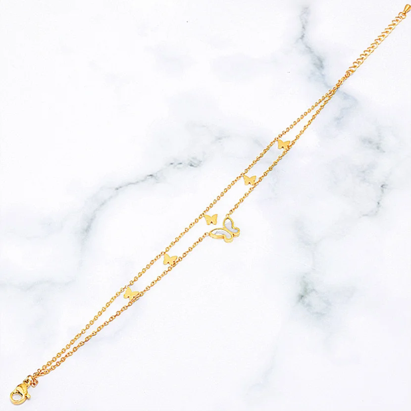 316L Stainless Steel New Fashion High-end Jewelry 2 Layer Embed Natural Shells Welding Butterfly Charm Chain Anklet For Women