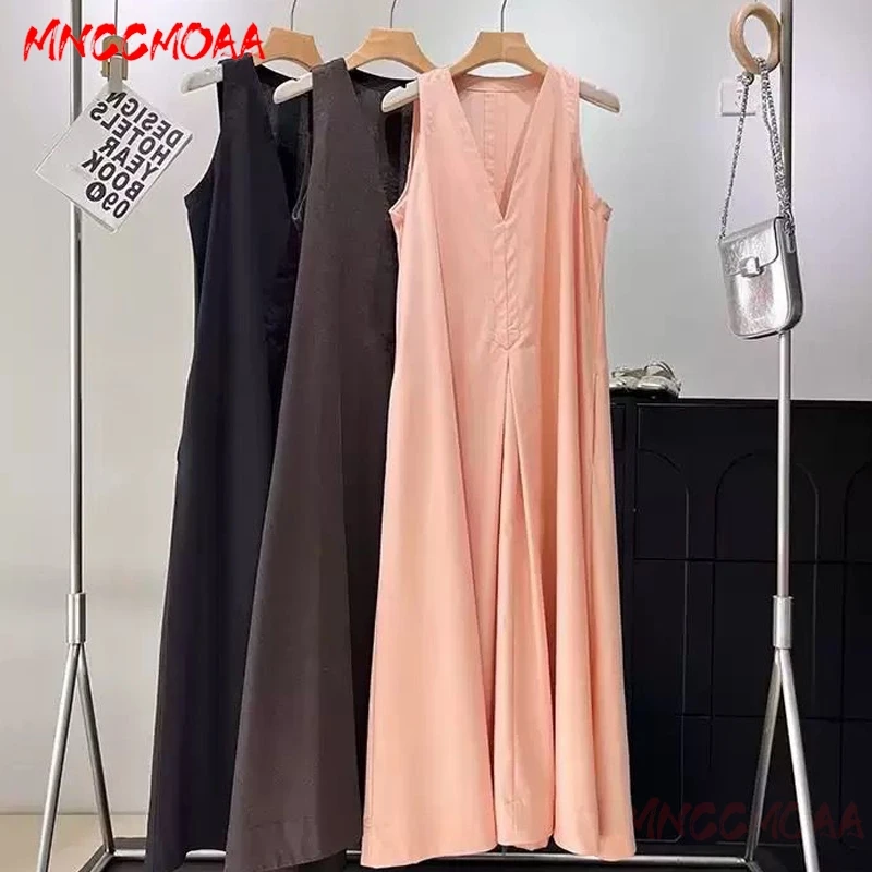 

2025 New High Quality Women Fashion Solid Color V Neck Sleeveless Elegance Loose Long Dresses Ladies