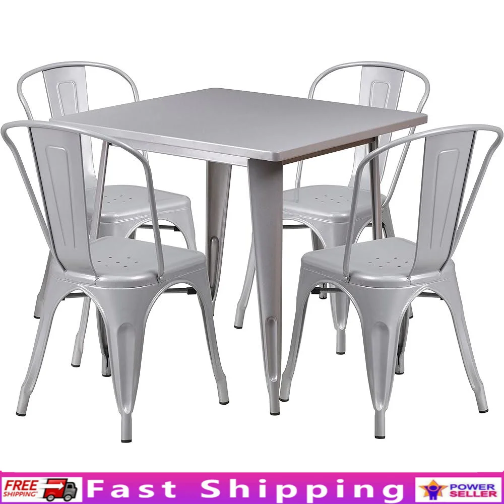 Commercial 31.5" Square Silver Metal Indoor-Outdoor Table Set-4 Stack Chairs