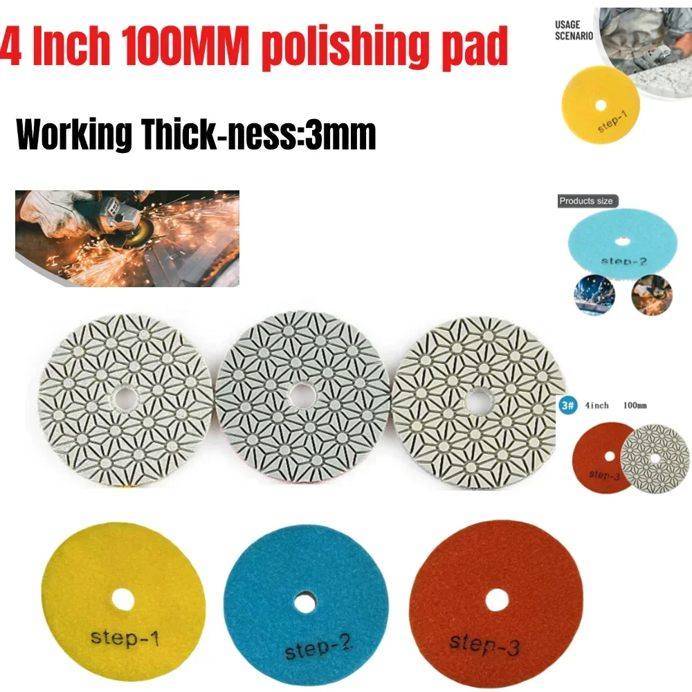 

1pcs 4 Inch 100mm Diamond 3 Step Polishing Pads Wet/Dry For Granite Stone Concrete Marble Polishing Use Grinding Discs