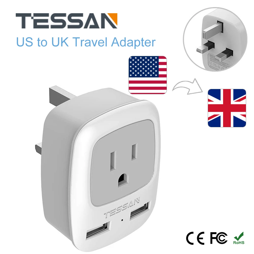 TESSAN 3 in 1 Type G Travel Power Plug Adapter with 1 AC Outlets & 2 USB Ports, US to UK Travel Adapter for Ireland Scotland