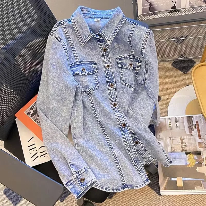 Vintage High Elasticity Women Denim Jacket Casual Pocket Button Basic Coat For Women 2024 Spring New Shirt Jacket Female