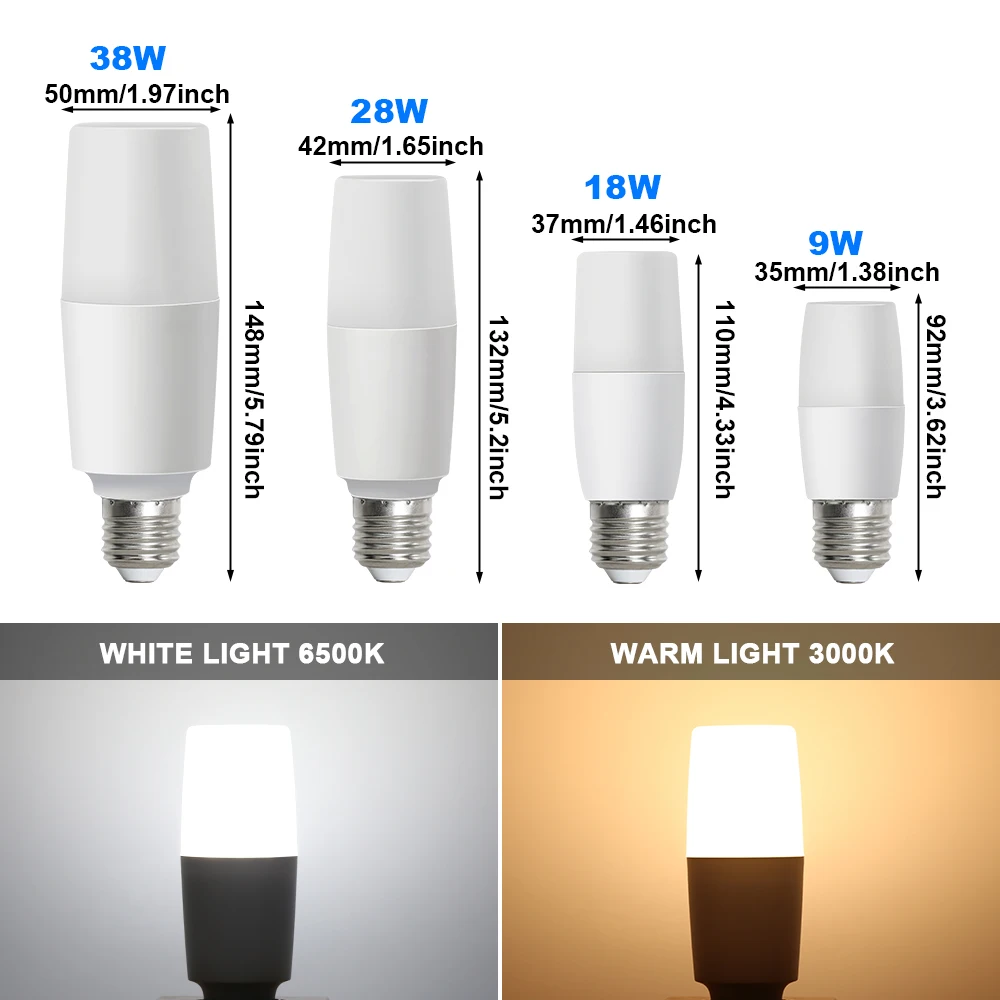 6pcs E27 LED Bulb AC 220V SMD2835 9W 18W 28W 38W Cylinder LED Lamp Saving Cold Warm White Led Bulbs Spot For Indoor Light