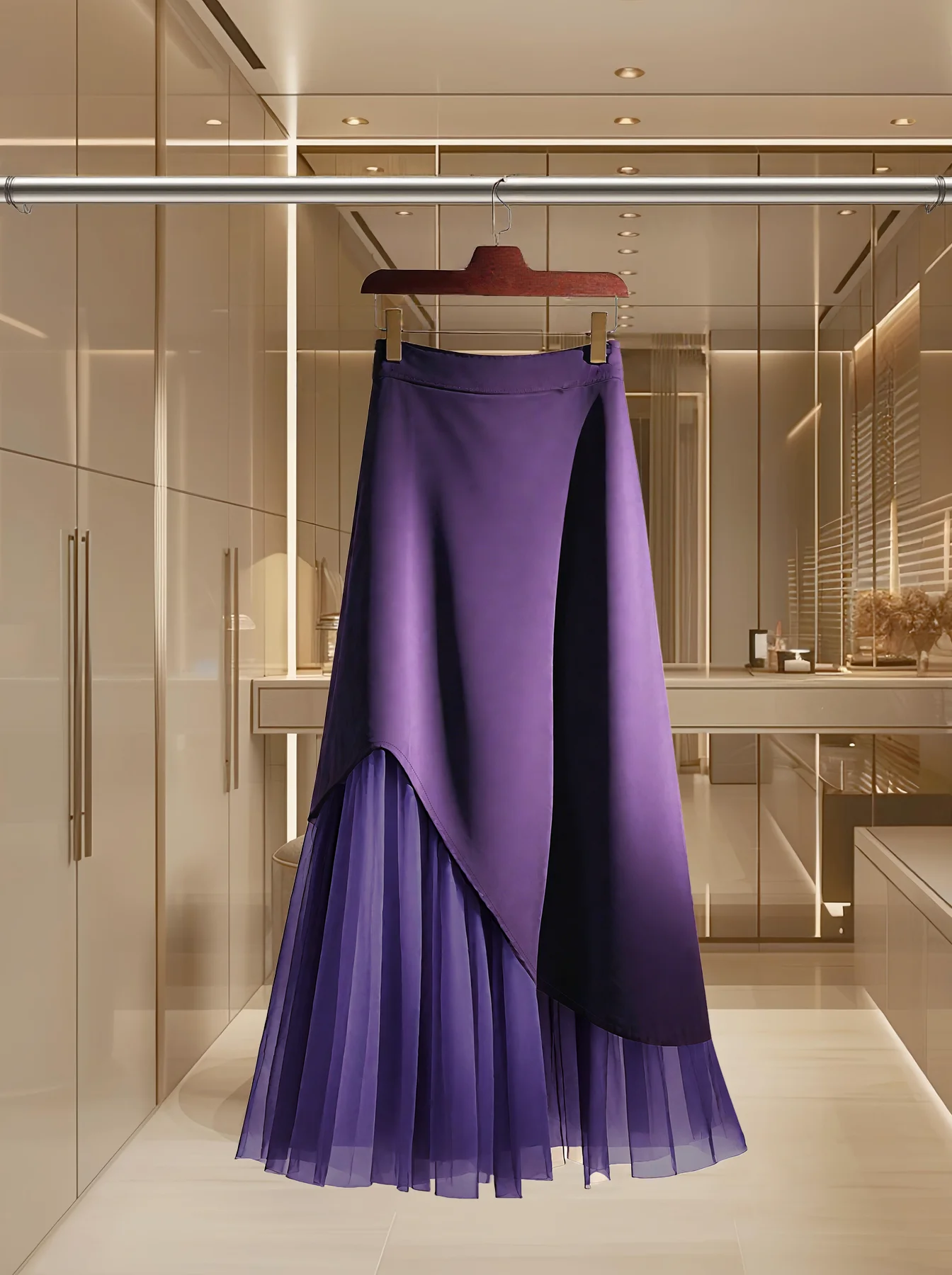 Women's Spring Summer Purple Ombre High Waist Irregular Overlay Pleated Tulle Maxi Elegant Skirt