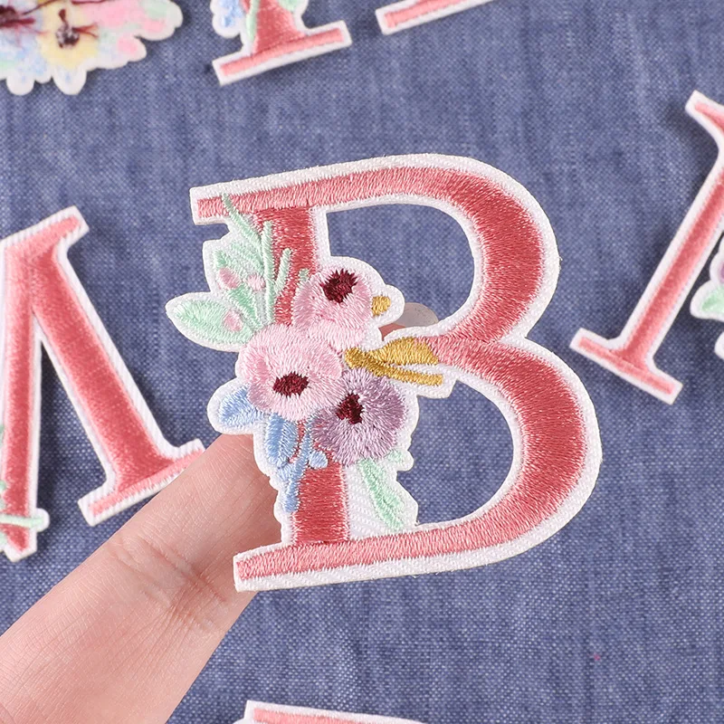 1PCS Pink Flowers Letters Patches Embroideried Iron on Alphabet Appliques Badge Girls Women DIY Accessory for Clothes Bag Shoes