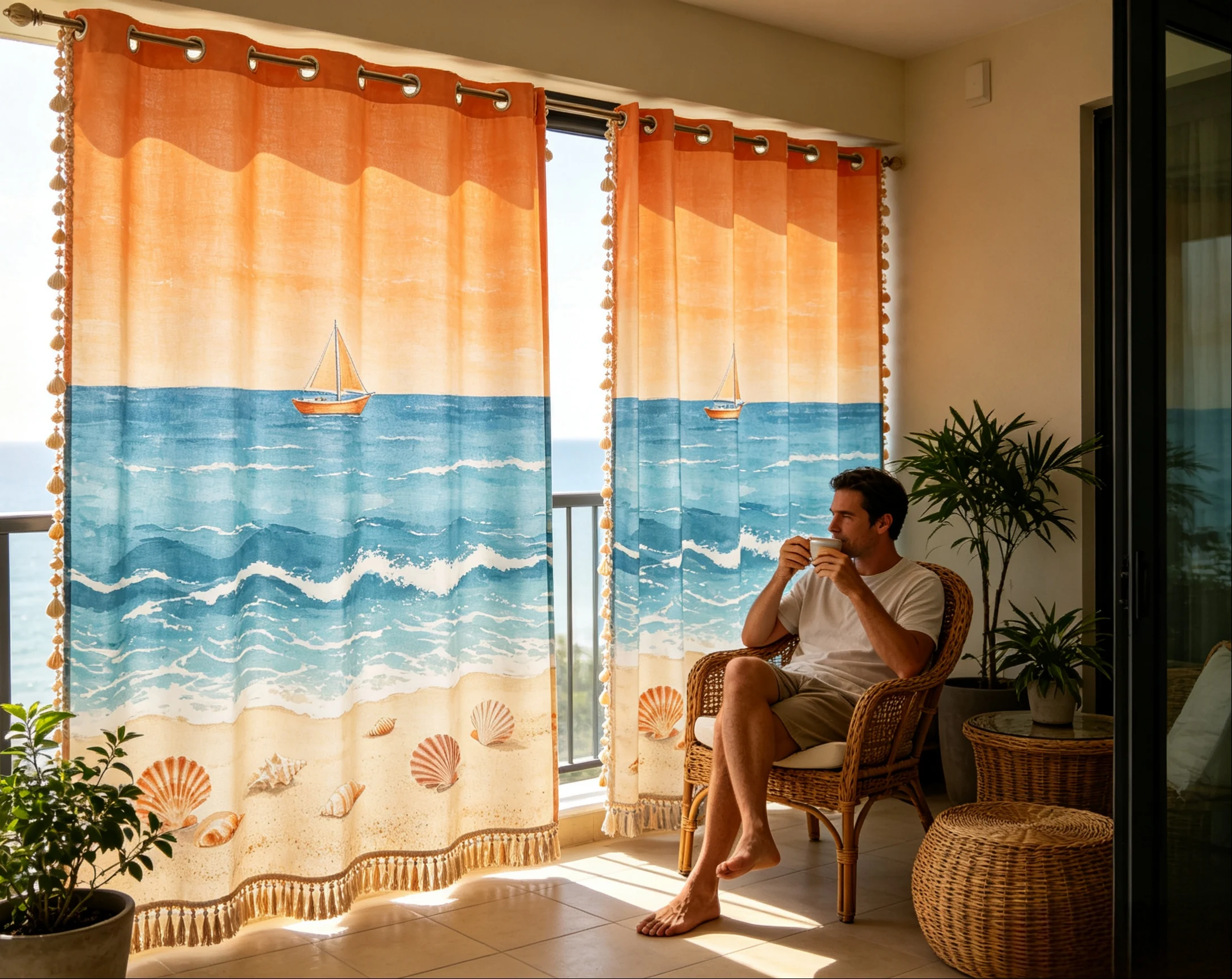 200195    A variety of patterns can be selected for the finished french window curtain of rental house