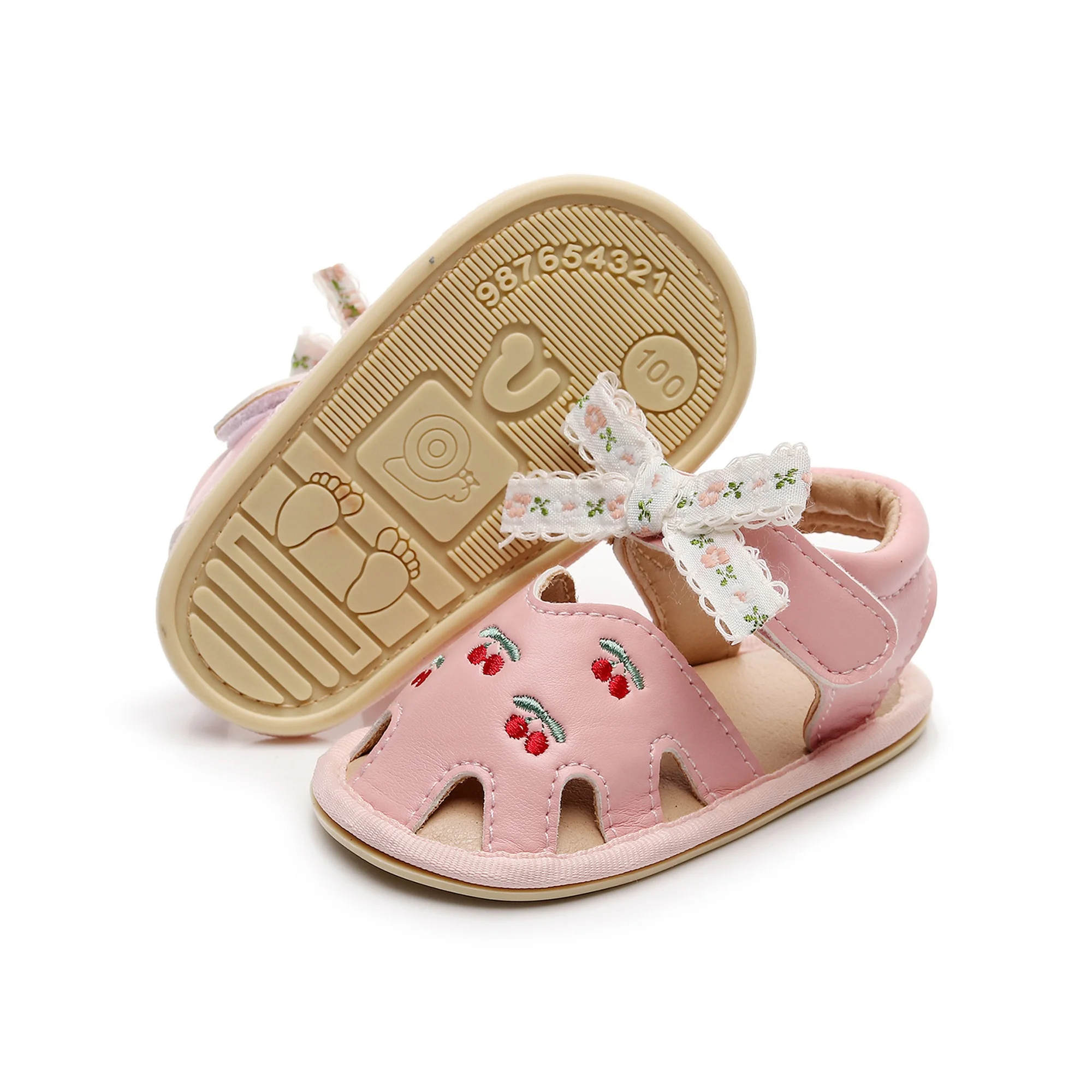 รองเท้าแตะเด็กผู้หญิงน่ารักสไตล์หนัง PU ลื่น Bowknot เชอร์รี่ฤดูร้อนรองเท้าเด็กวัยหัดเดินสําหรับสวมใส่ทุกวัน