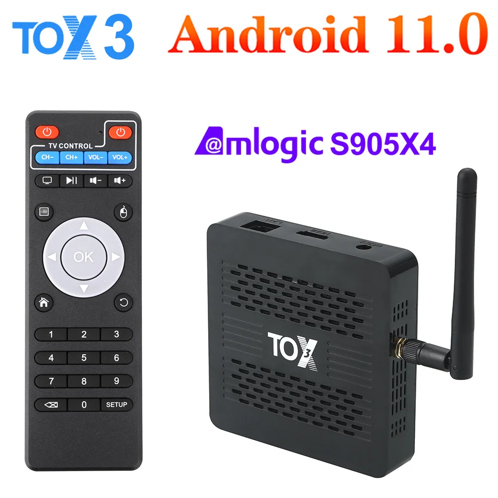 TV Box Inteligente TOX3 con Android 11, 4GB de RAM, 32GB de Almacenamiento, Amlogic S905X4, Wifi Dual 2T2R, Internet 1000M, BT4.1, AV1, Reproductor Multimedia 4K 60fps DLNA