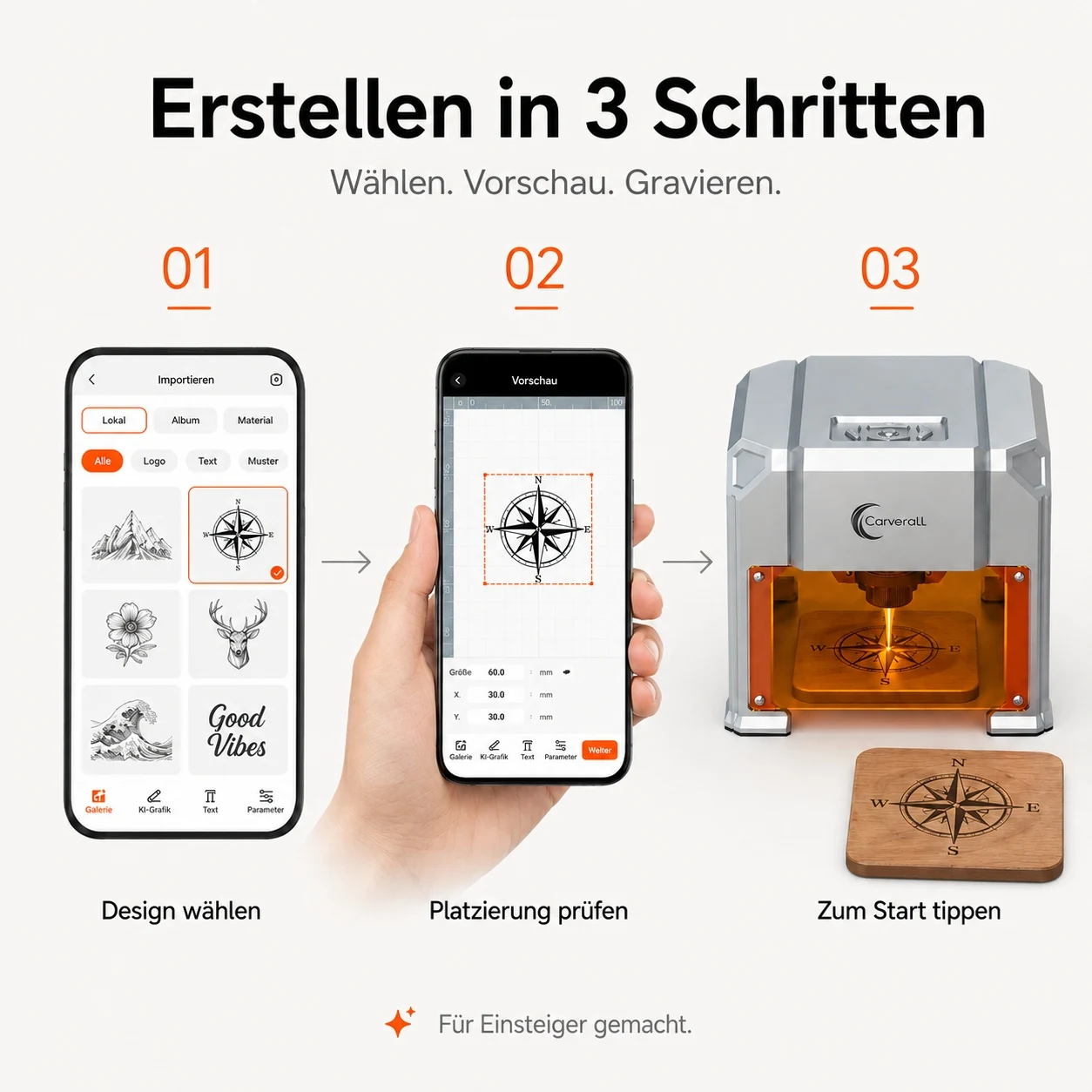 Carverall K4 3W Lasergravierer, Tragbare Mini-Graviermaschine mit WiFi-App-Steuerung und USB, 80 x 80 mm, Bis zu 0,01 mm Präzision, für Holz, Bambus, Leder, Papier, Karton, DIY-Geschenke, Einsteigerfreundlich – Detail 4