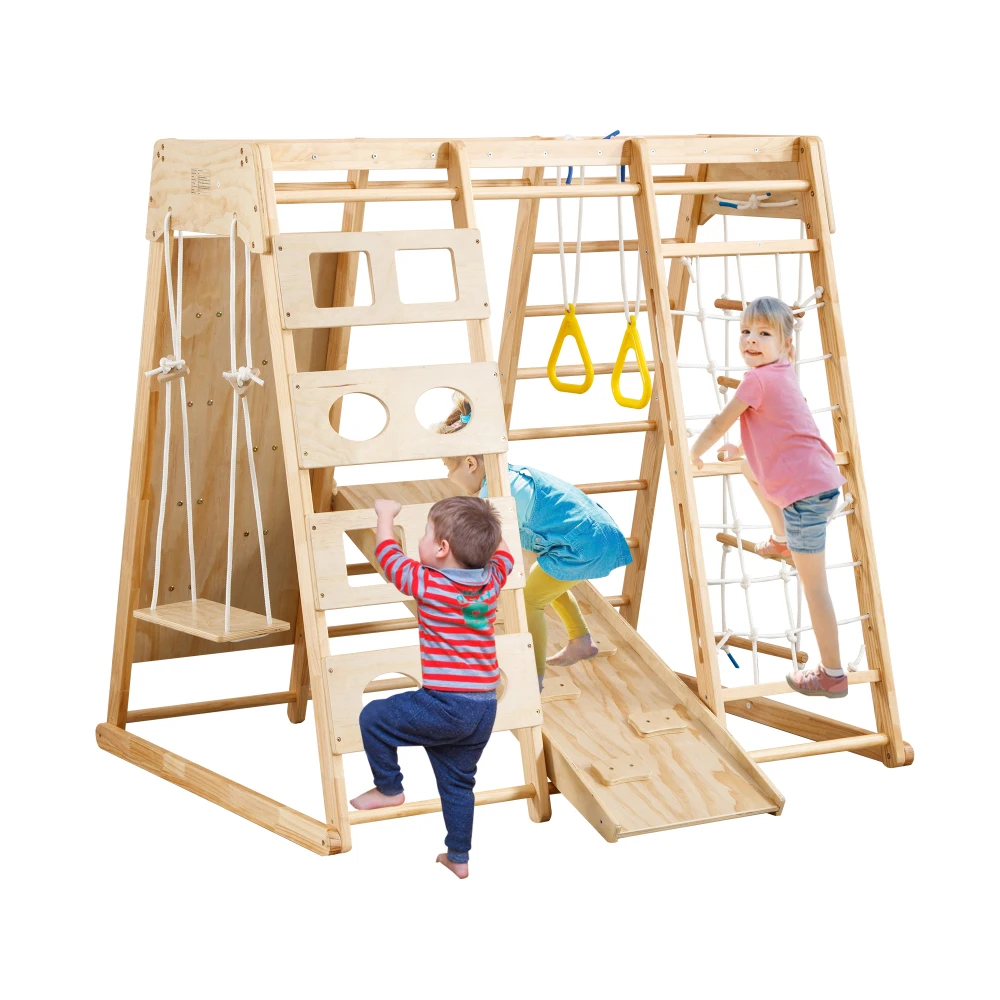 Wooden 8 in 1 Indoor Playground Climbing Toy Set with Slide Swing Climbing Net Ring, Kids Indoor Playground Climbing Toys