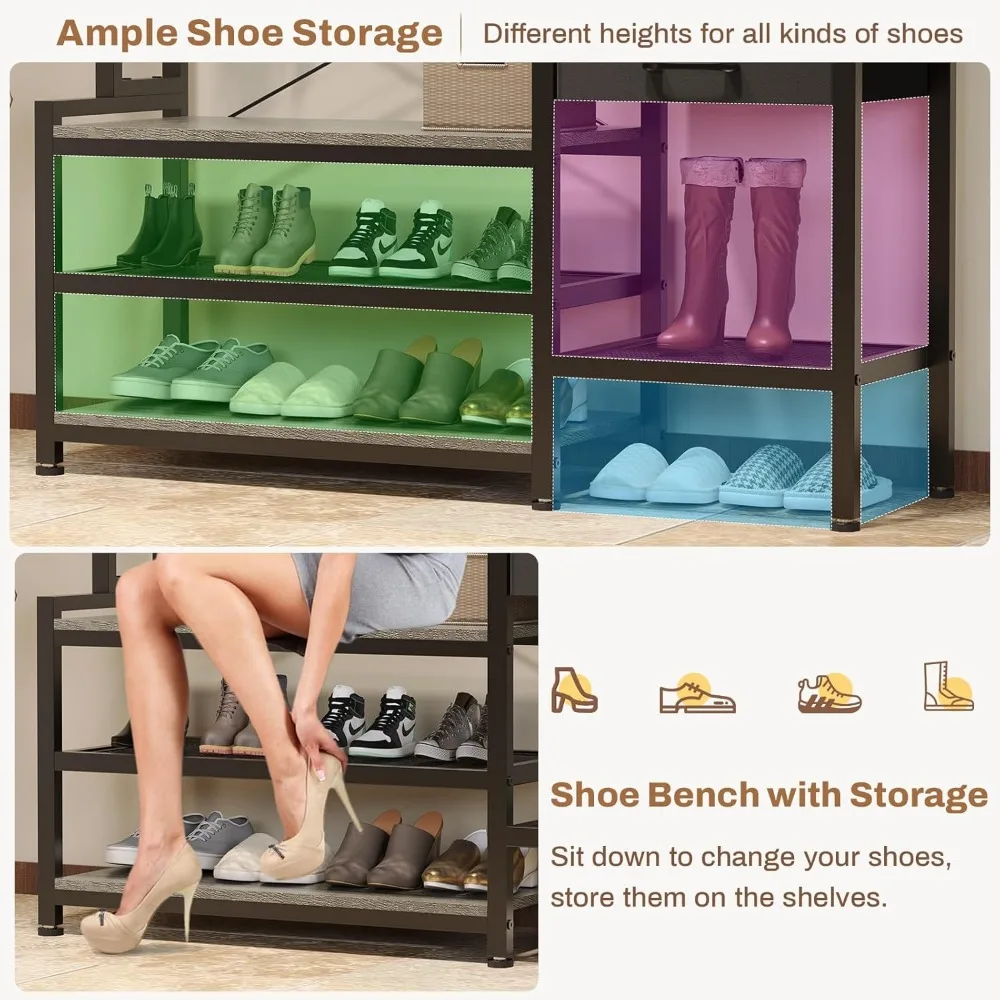 مقعد مدخل متعدد الوظائف 7 في 1 مع مساحة تخزين الأحذية ورف المعاطف وأرفف المكعبات و17 خطافًا للتنظيم
