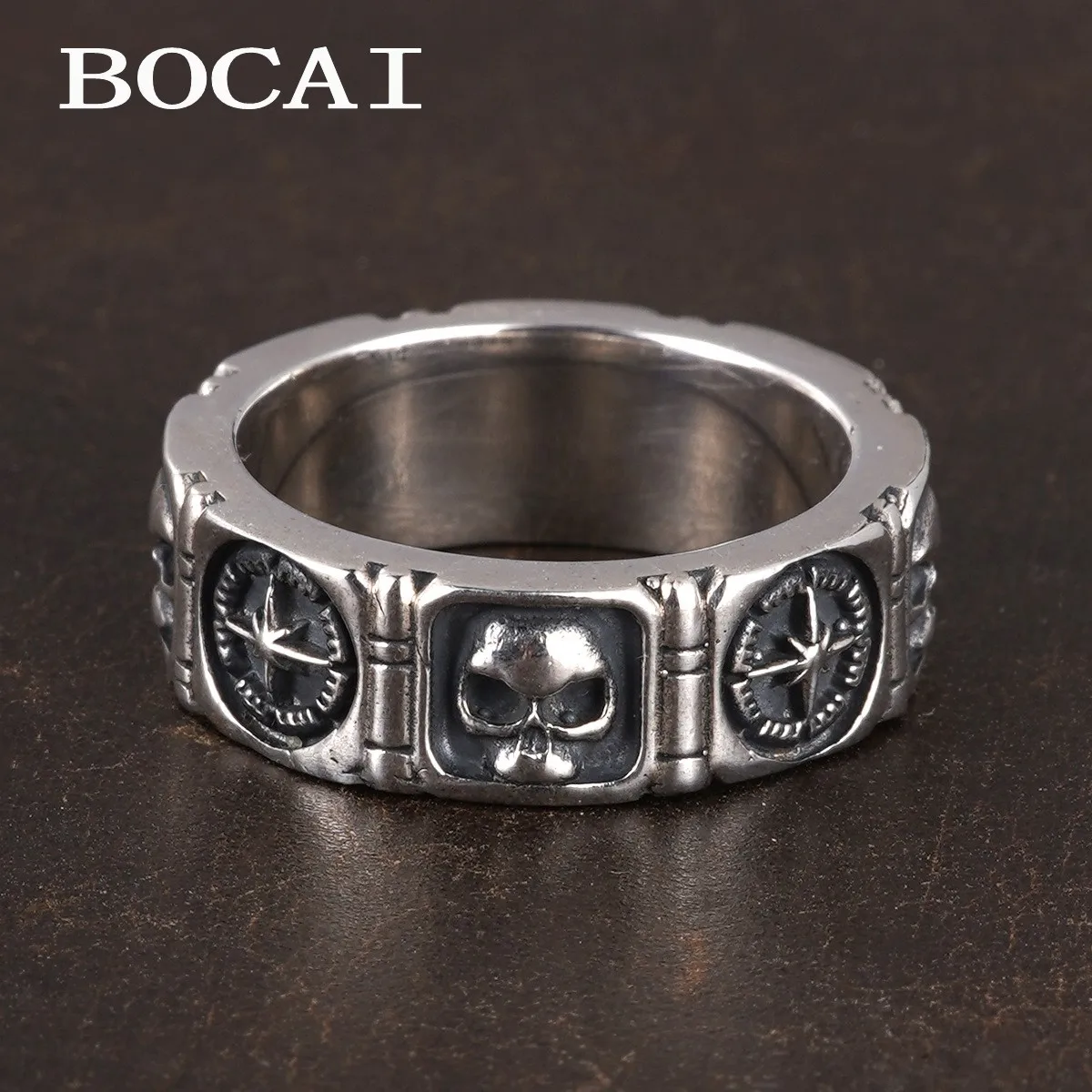 

BOCAI 100% S925 ювелирные изделия из стерлингового серебра модное шестиугольное кольцо со звездой и черепом для мужчин ретро персонализированный подарок на день рождения