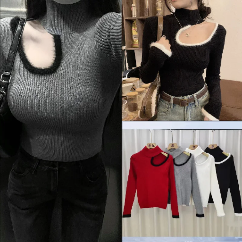 

Sexy Knitted Sweater Women High Neck Hollow Out Slim Soft Bottoming Top