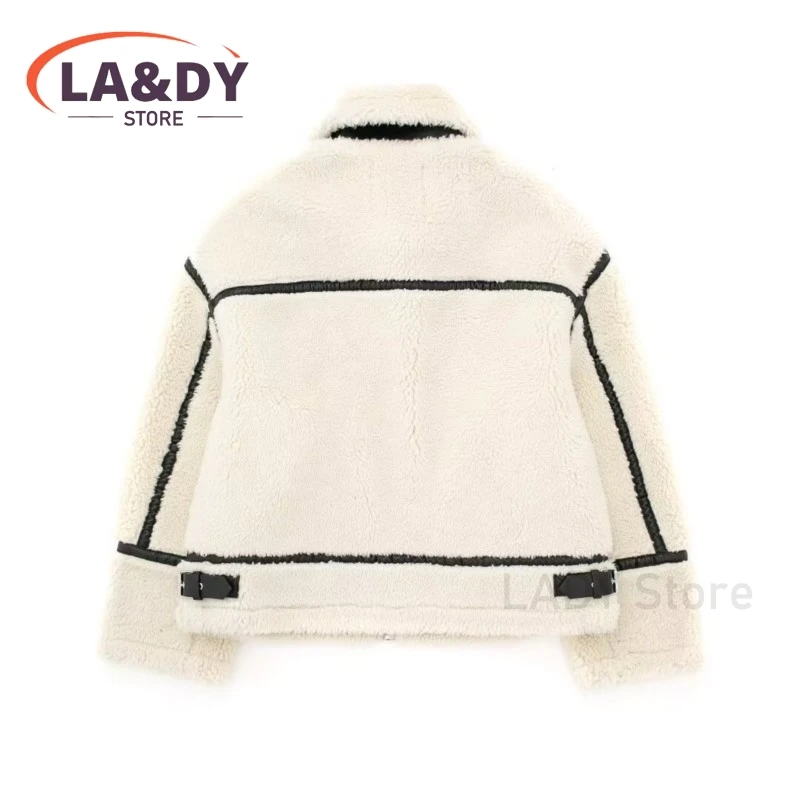 2024 New Winter Fashion Short Fleece Jacket Coat Female Loose Splice Long Sleeves Pocket Zipper Warm Outerwear