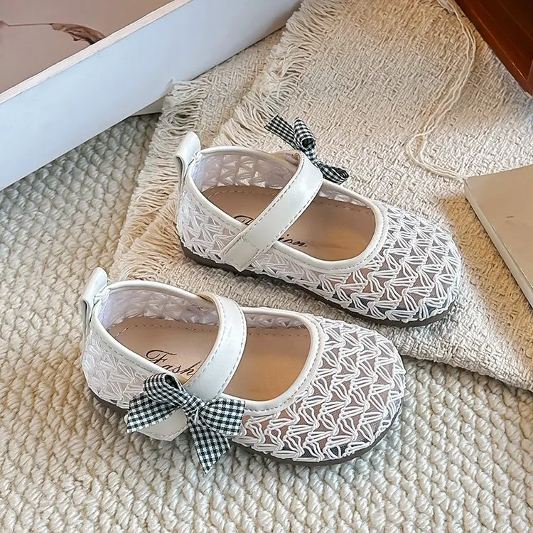 2026 Spring Summer Style Princess Shoes for Girls, Fashionable Breathable Casual Cute Bow Decor Woven Mary Jane Shoes Pink Green