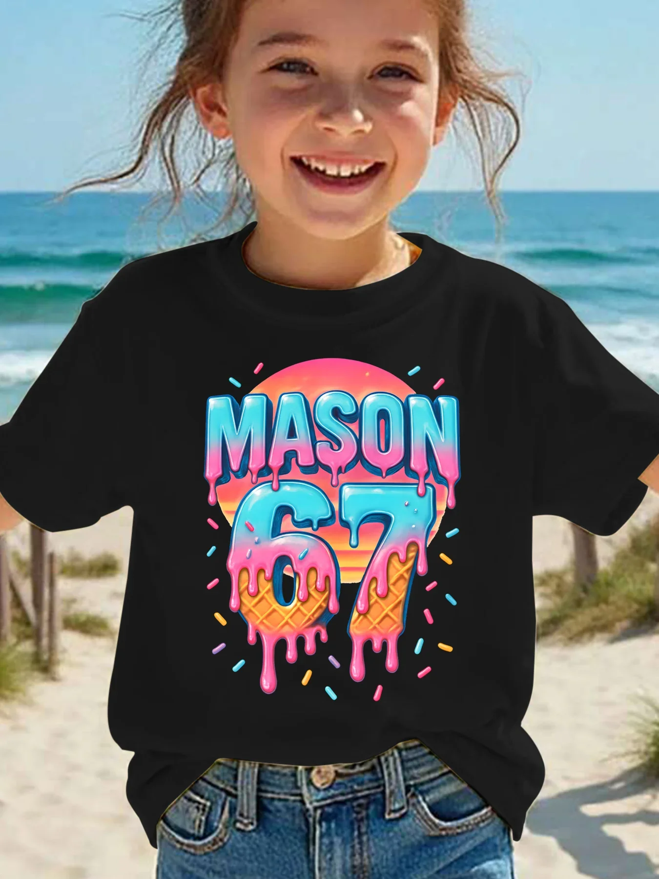 Kid Mason 67 Ice Cream Drip Graphic T Shirt Colorful Melting Letter Waffle Number Print Short Sleeve Crew Neck Summer Casual Tee