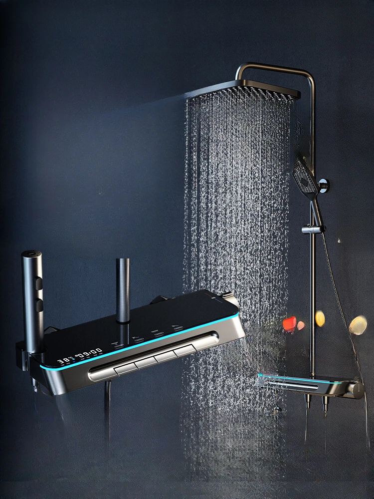 

Bathroom all copper shower set, piano key digital display, constant temperature household gun gray