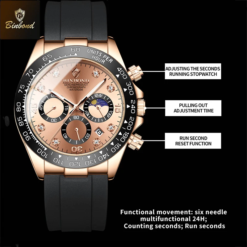 BINBOND ساعة رجالية فاخرة كوارتز رجل ساعات مقاوم للماء مضيئة العلامة التجارية الأعلى ساعة للرجال تاريخ كرونوغراف ساعة يد رياضية