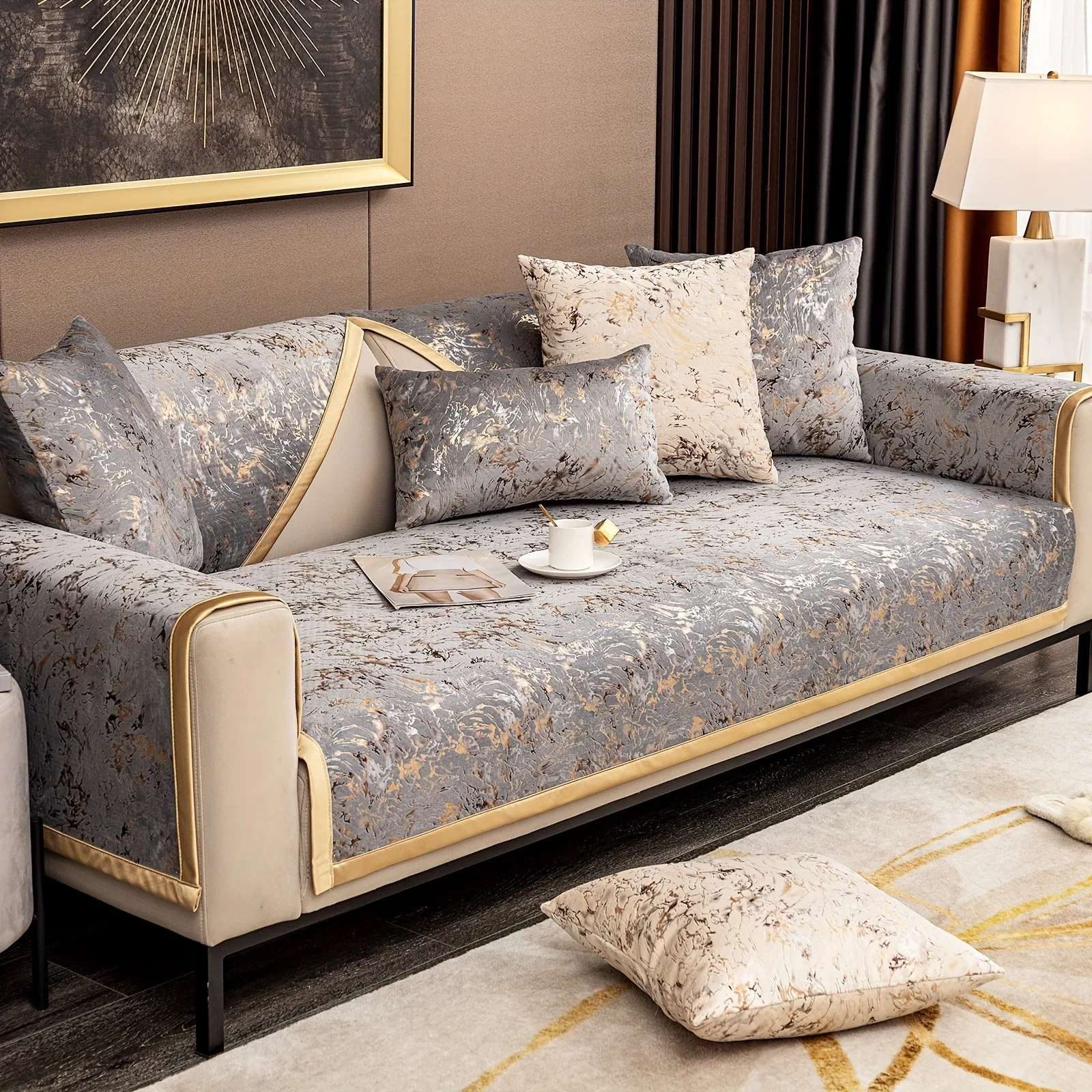 Golden Bronzing Velvet Anti-Slip Sofa Cover, Four Seasons Couch Cushion Cover for Living Room Furniture Protector Sofa Towel