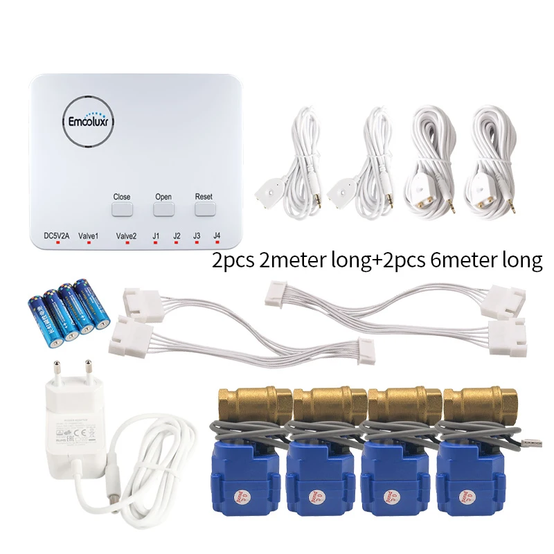 Home Alarm Water Leakage Detector with 4pcs 1/2" 3/4" 1" Auto Shut off Valves and  2m and 6m Water Sensor for Leakage Protection