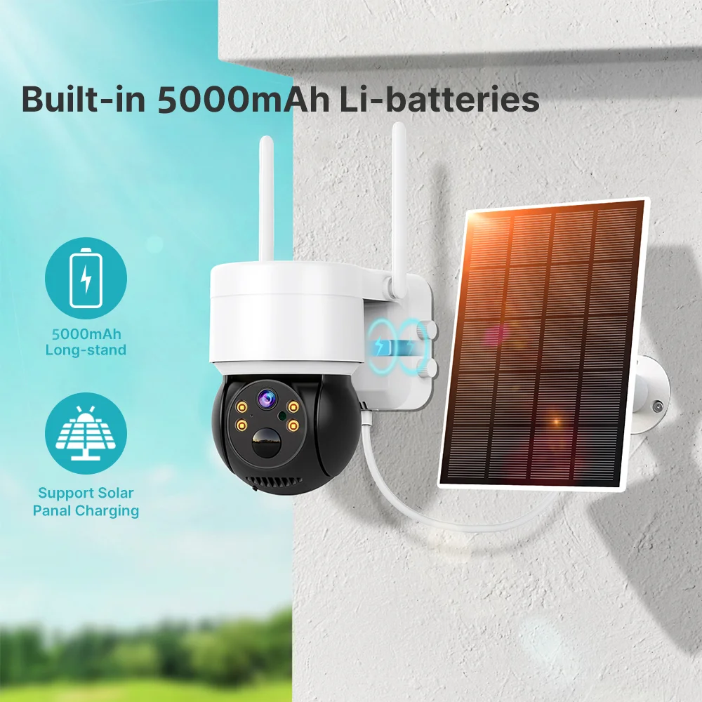 4MP HD WIFI Solar PTZ Camera Human Detection Security Video Surveillance Camera With Solar Panel 5000mAh Recharge Li-Batteries