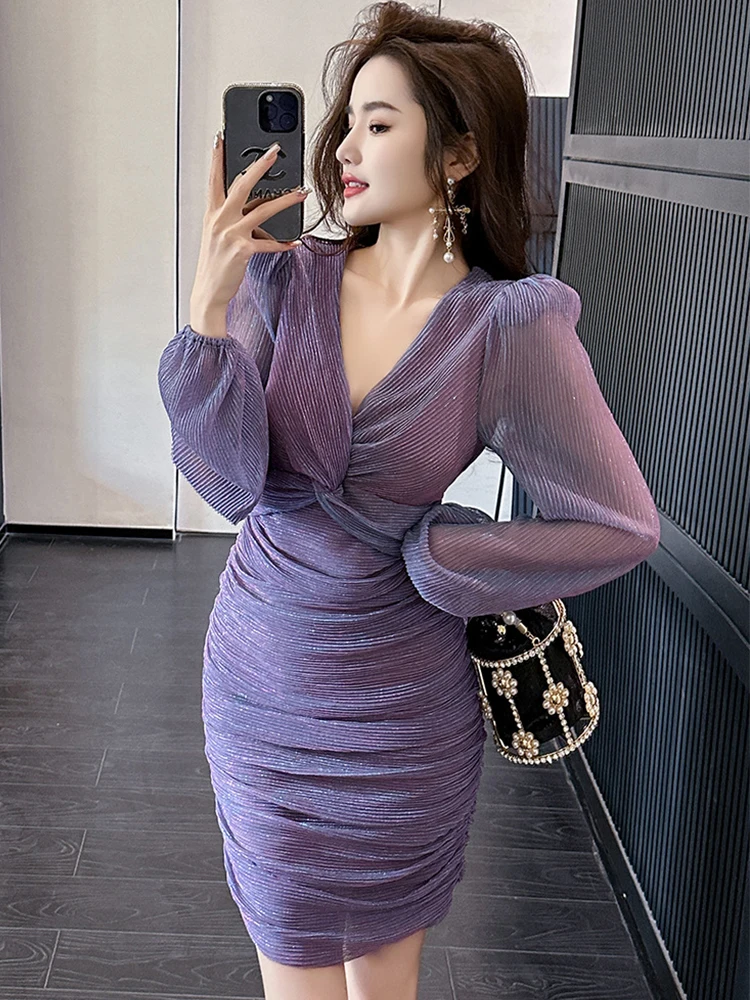 Fashion Lady Elegant Vintage Glitter Shiny Short Evening Dress Women Clothing Chic Sexy Folds Skinny Mini Party Birthday Vestido