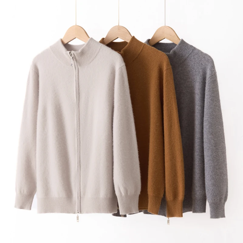 

Choice Men Pure Wool Sweater Coat Autumn Winter Zipper Cardigan Half High Collar Solid Knitting 100% Merino Wool Knitwear Tops