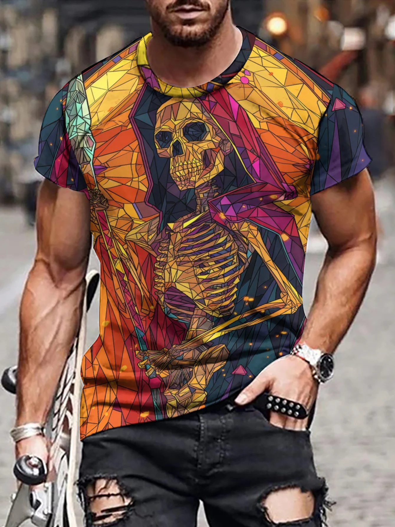 2024 New Men's 3D Graffiti Skeleton Pattern T-shirt, Casual Micro Elastic Breathable T-shirt, Summer Outdoor Men's Wear