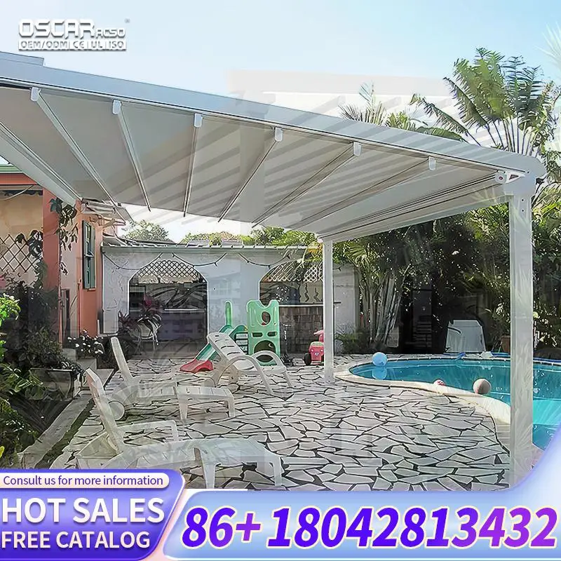 4X4 Moving Retractable Roof Shading Structure with Gutter Downpipe for Patio Garden Backyard Retractable Canopy Pergola
