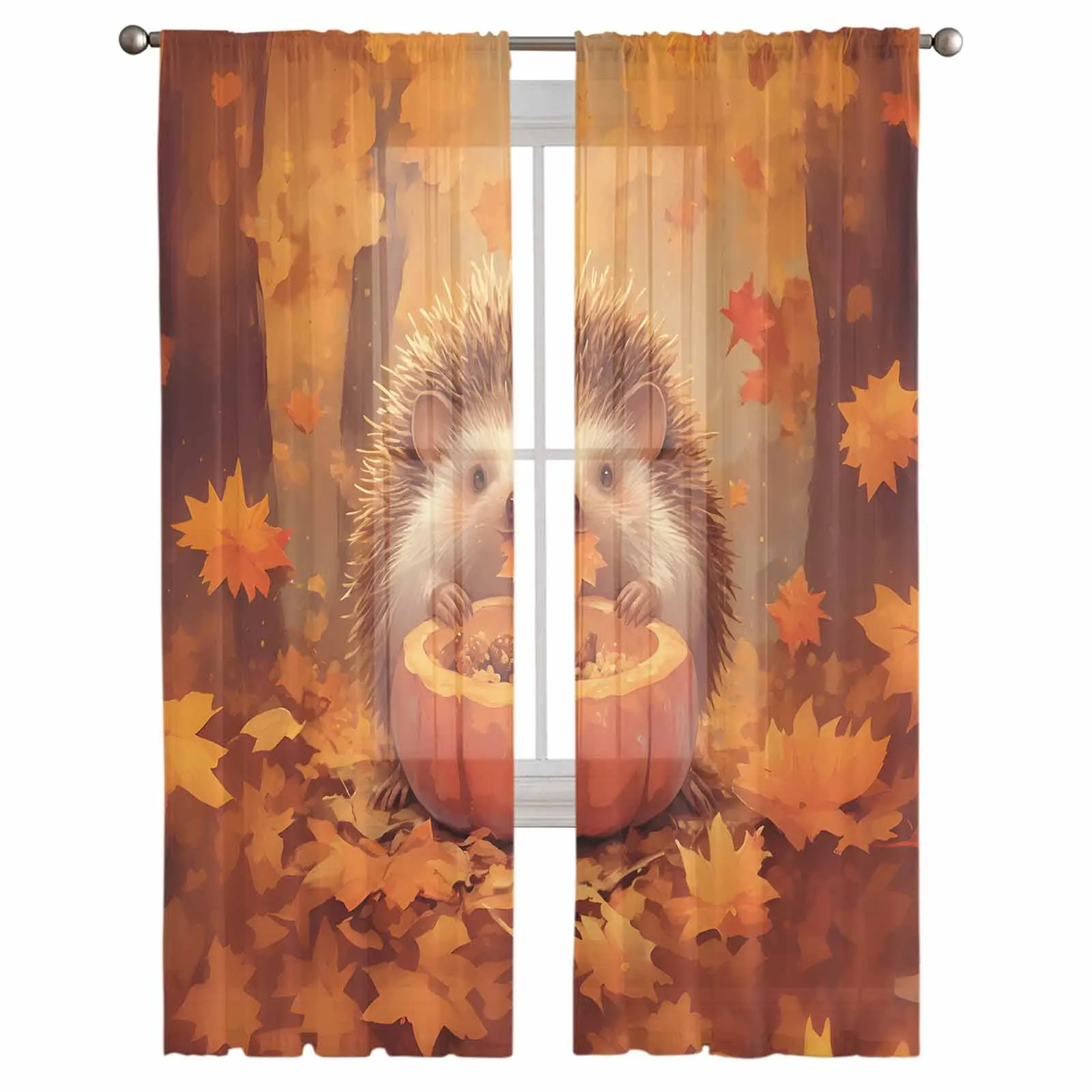 Autumn Forest Hedgehog Pumpkin Window Tulle Curtains for Living Room Kitchen Modern Window Treatments Voile Curtains