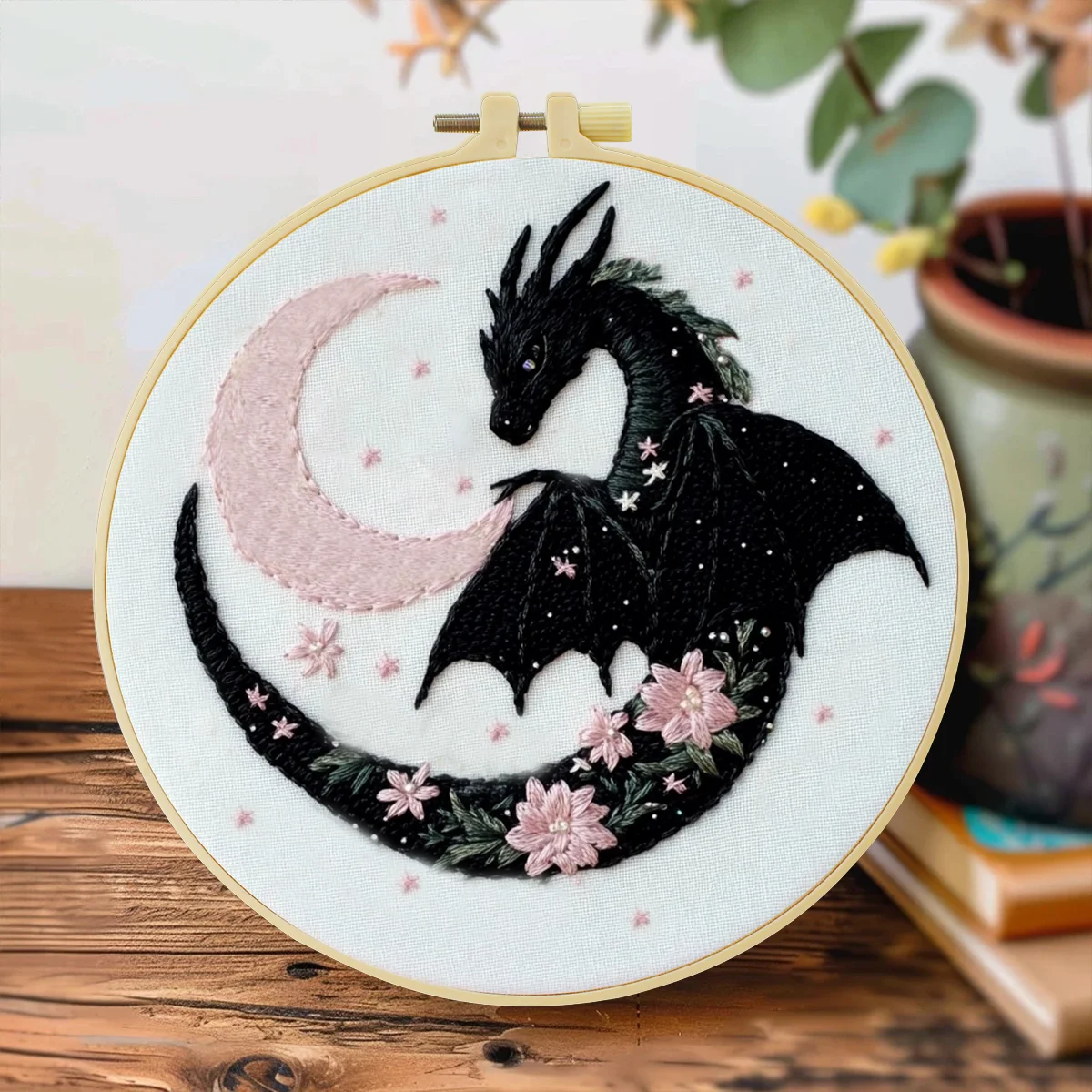 1pc 20X20CM/7.87inch The Dragon and the Moon Embroidery Starter Kit DIY Kit Set for Beginner Craft Painting Sewing Art