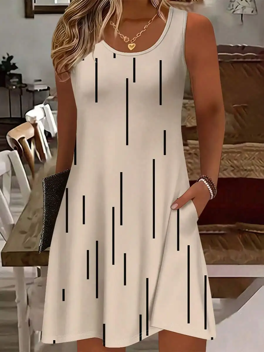 

Elegant Knee-Length Round Neck Sleeveless Dress With Vertical Line Print For Women