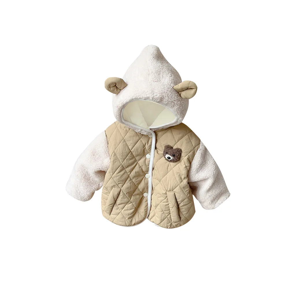 Winter New in Kids Baby Boys Cute Top Outwear - Toddler Hooded Color Blocking Thick Plush Warm Coat , Infant Outdoor Jacket 0-3Y