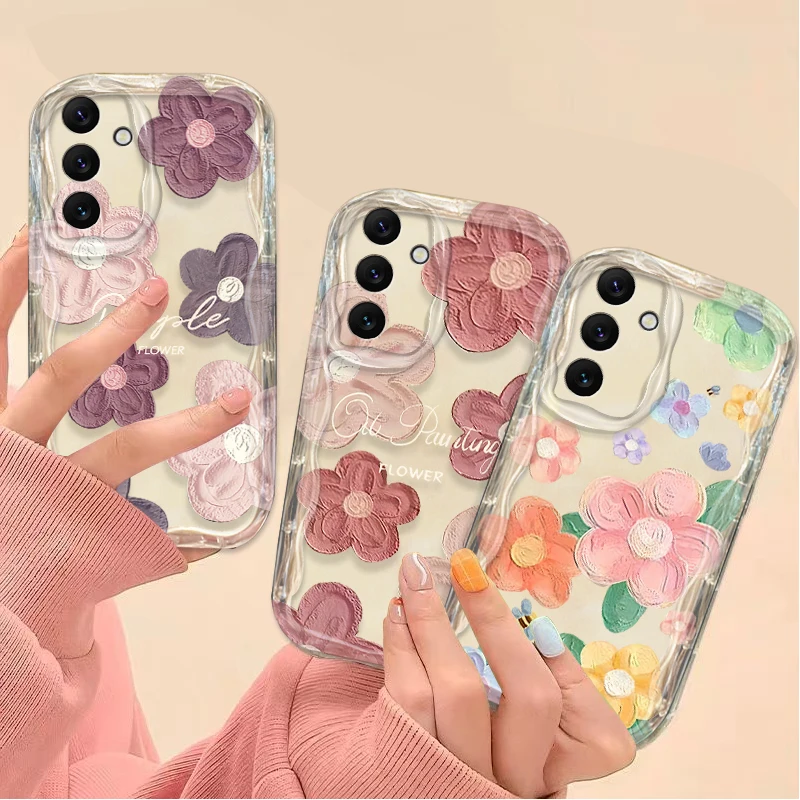 Oil Painting Flower 3D Clear Wave Case For Samsung Galaxy A54 A34 A24 A14 A13 A53 A33 A73 A23 A52 A52S A32 A22 A12 A51 A71 Cover