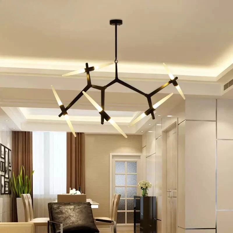 Modern 8 Light Black Linear LED Chandelier Geometric Branching Sputnik Pendant Light with Frosted Acrylic Tubes Dimmable Hangi
