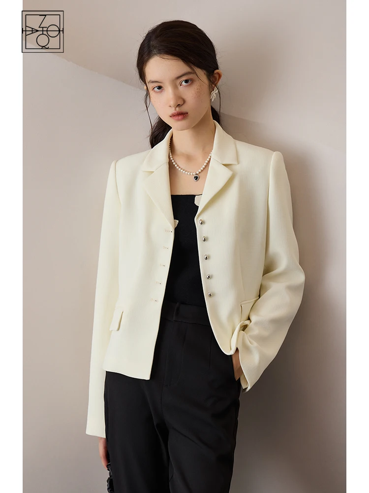 ZIQIAO White Thin Shoulder Pad Front Shoulder Suit Jacket for Women 2023 Early Autumn New High-end Slim Blazer Coat for Female