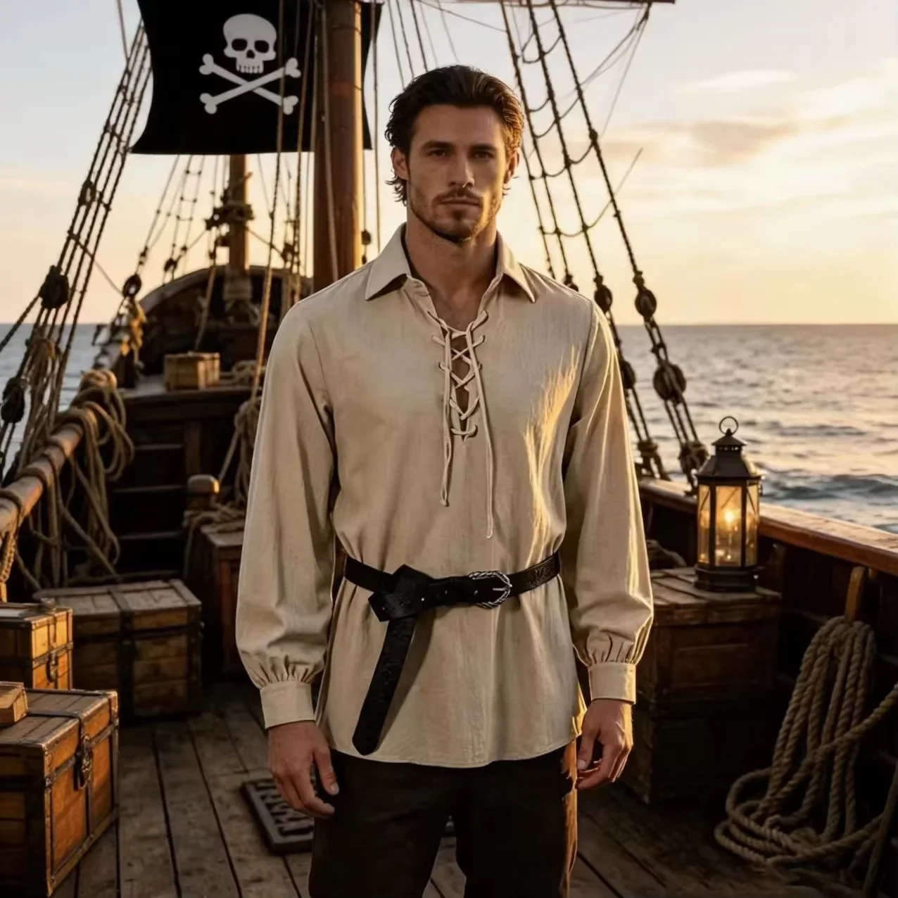 Men Medieval Lace Up Shirt Lapel Long Sleeve Pirate Renaissance Halloween Daily Wear Vintage Tops