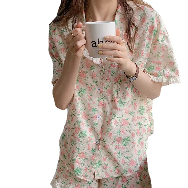 Korean Style Sleepwear Women Pajamas Shorts Sets Floral Pijama Loungewear Cute Summer Two Piece Set Ruffle Night Wear Home Suit