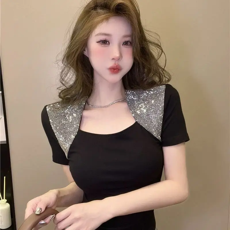 

Top Female Square Neck Women's Short Sleeve T-shirt Summer Outfit Slim Fashion Clothing 2025 Japanese Vintage Clothes