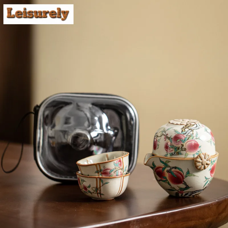 

Imitation Song Ru Kiln Longevity Peach Travel Tea Set Kit Elegant 1 Pot 3 Cups Tea Maker Bowl Portable Handbag Accessories Craft